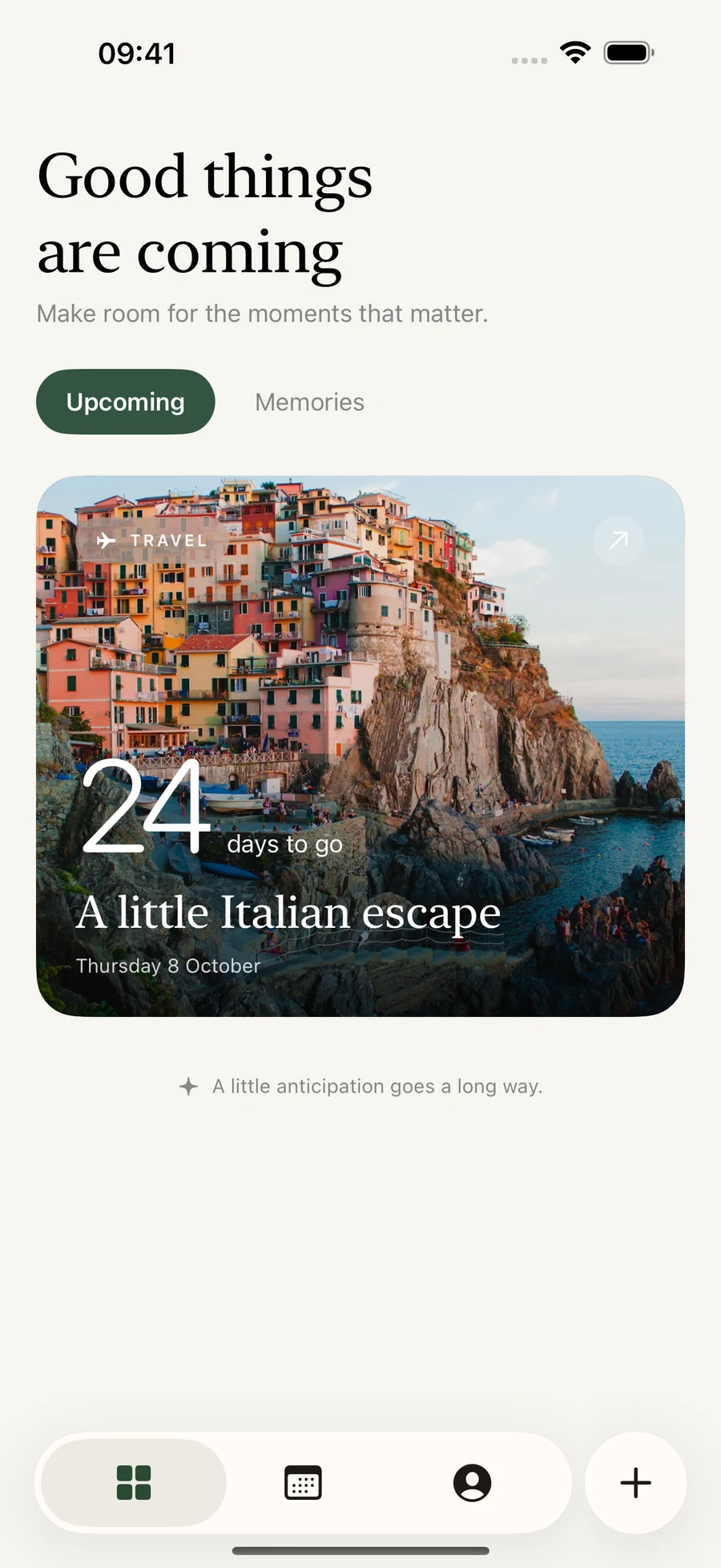 Count on iPhone: an Italian escape, 24 days to go, with Upcoming and Memories views.
